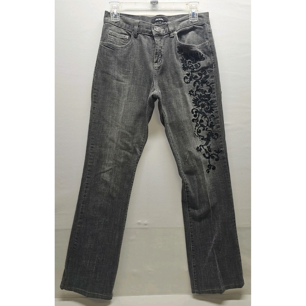 VTG Y2K Jeans Sz 6 Gray Floral Embroidered Beaded Boho Whimsigoth Cottagecore
